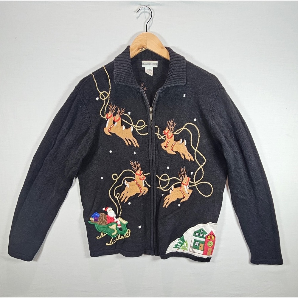 Ugly Sweater CHRISTMAS Reindeer Investments  Vintage‎ Zip Up Women Size LARGE P9